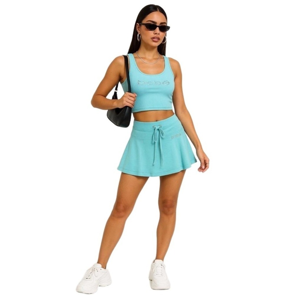 bebe Skirt Womens Large Rhinestone Logo Circle Mini Turquoise Blue Athletic NWT